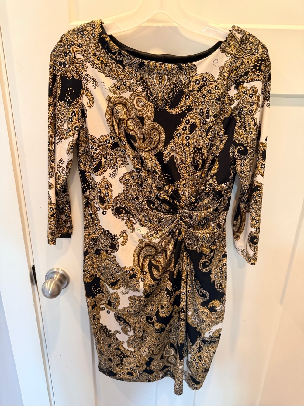Peter Nygård Petite Paisley Front Sheath Dress Black Ivory Gold Career Office
